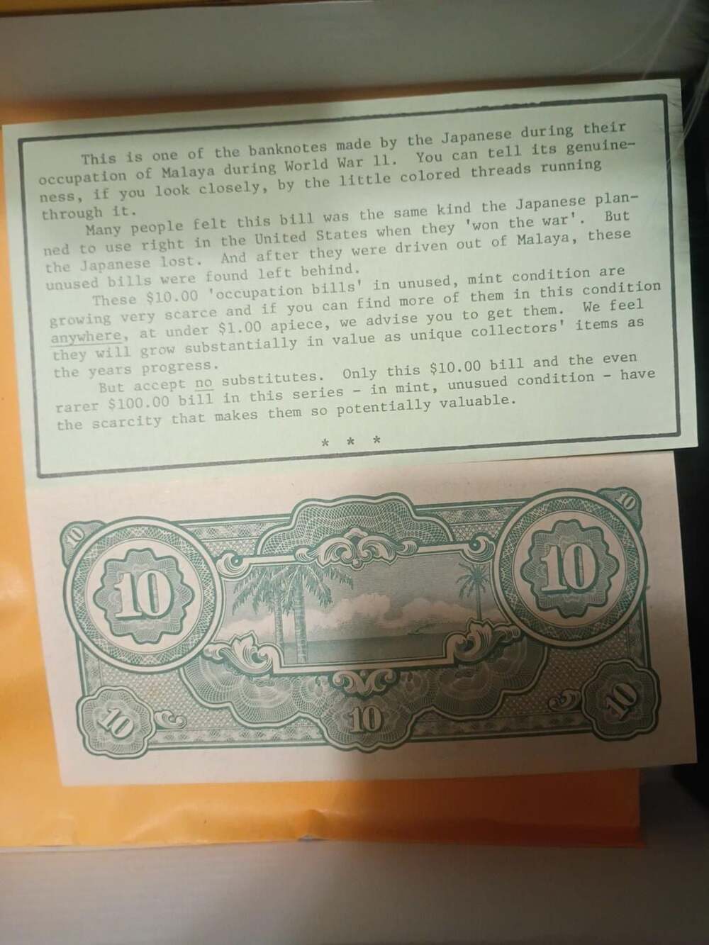 Japanese Government Ten Dollars World War II Malaya Invasion Note